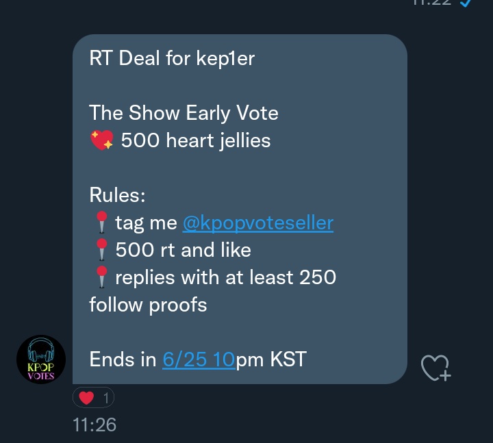 hiyyih_123's tweet photo. Kep1ians! We have another rt deal for #Kep1er by @kpopvoteseller

💖 500 heart jellies for The Show Early Vote

Rules:
📍tag me @kpopvoteseller
📍500 rt and like
📍replies with at least 250 follow proofs

Ends in 6/25 10pm KST!! https://t.co/p5MfS9Pjqm