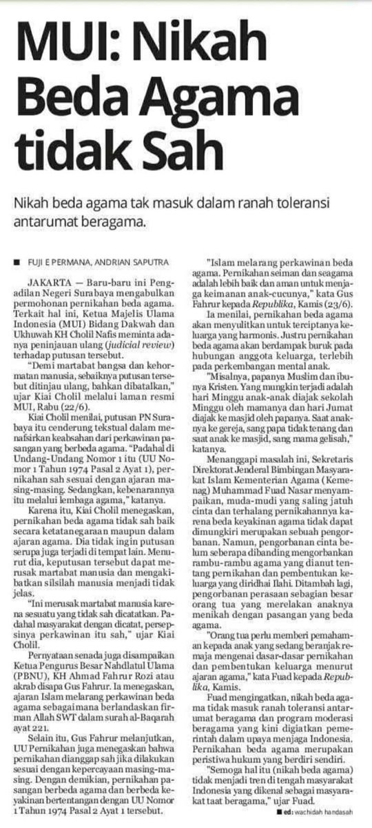 Menegaskan sekali lagi, bahwa nikah beda agama itu tdk sah meskipun dicatatkan oleh petugas catatan sipil