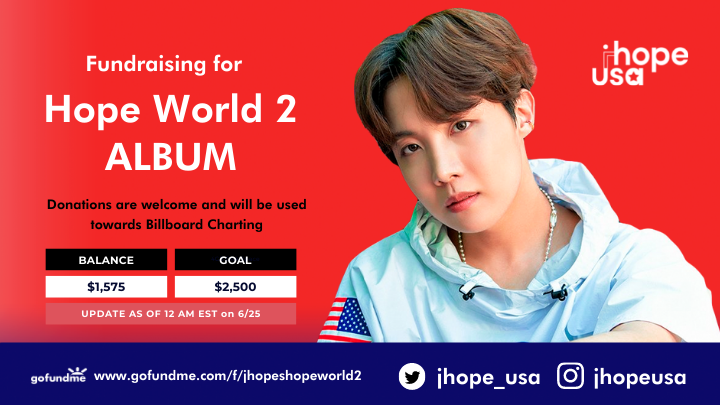 jhope_usa's tweet photo. Hope World 2 Fundraising Update
We've reached 63% of our goal! We're on our way! Please continue to support us with donations and/or sharing our GFM fundraiser across social media platforms 💜
▶️https://t.co/078kDWC7wf
{ #GetReadyForHopeWorld2 #HopeWorld2iscoming #jhope } https://t.co/1KN5okvRNN