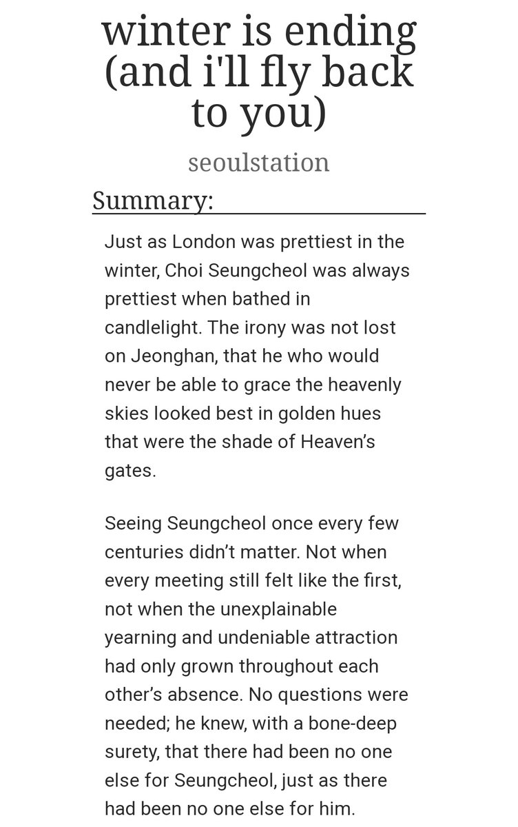 winter is ending (and I'll fly back to you) by seoulstation

- jeongcheol
- angel!jeonghan and demon!seungcheol
- based on If I Could Fly by One Direction
- written for <a href="/SVT1DFEST/">SVT 1D FIC FEST: BEST SONG EVER</a>
- 5,078 words / oneshot

archiveofourown.org/works/39553698