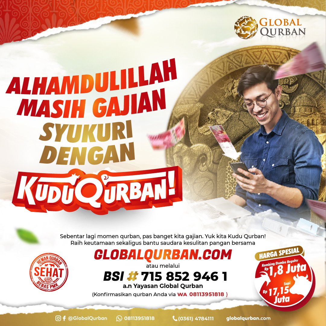act_bali's tweet photo. Wah udah tanggal 25 aja nih! Iya tau kok, waktunya gajian kan? Siapa nih yang udah nunggu lama waktu gajian ini!

Eits! Sebelum beli barang untuk self reward, sisihin buat kurban dulu yuk!

Ternyata kurban salha satu bentuk rasa syukur seseorang lho! Yuk tunggu apalagi! https://t.co/53g2IHNkpE