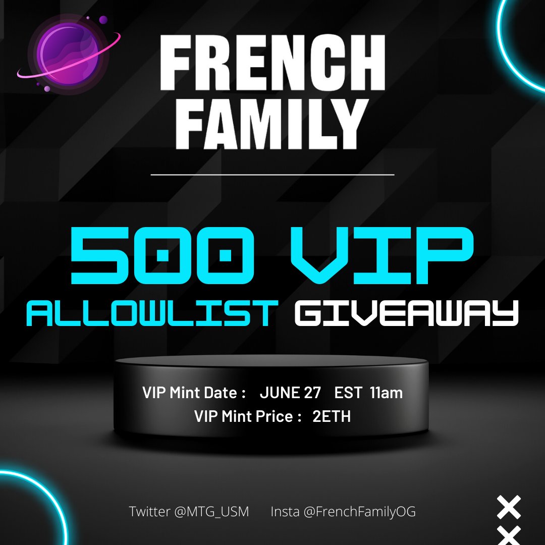 👑 #FrenchFamily 500 x VIP Allowlist Giveaway ​​👑
🎼 1,000 elite holders to innovate music rights + royalties, founded by French Montana
 
1️⃣ Follow @MTG_USM, <a href="/USMverse/">USMLab.bab</a>, <a href="/FrencHMonTanA/">French Montana</a>
2️⃣ Quote Retweet + Tag 3 Frds
3️⃣ FILL IN  bit.ly/3NgLUWG
⏳​48hrs GOOD LUCK!