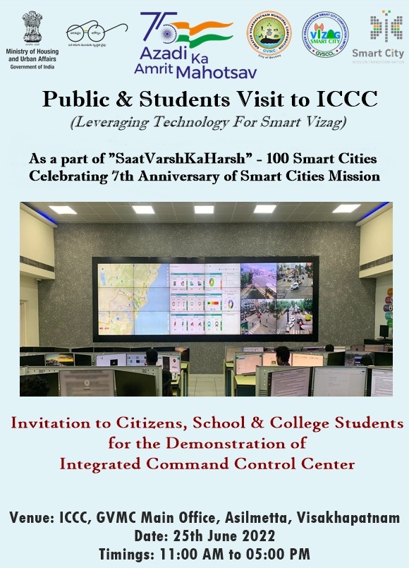 As a part of SaatVarshKaHarsh event, we are inviting school students and citizens for the demonstration of Integrated Command Control Center on 25th June,22 from 11 AM to 5 PM. #Visakhapatnam #SmartCitiesMission #SaatVarshKaHarsh #SabkaBharatNikhartaBharat @LAKSHMISHA_IAS