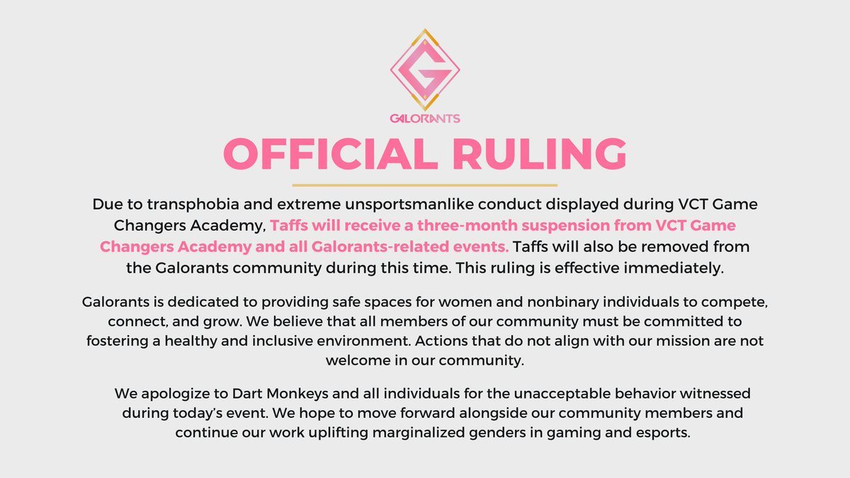 Regarding Taffs' comments during June's VCT Game Changers Academy event: