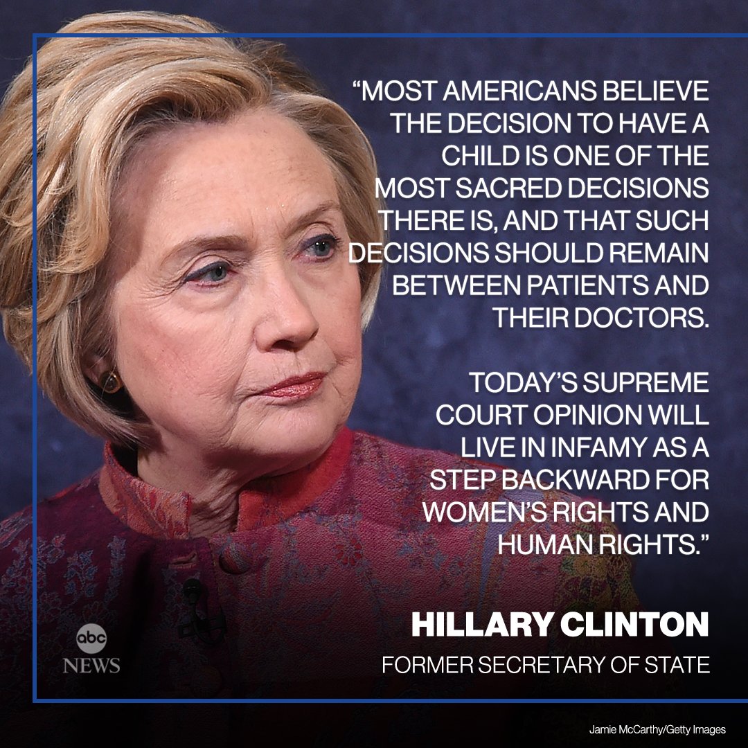 Hillary Clinton: “Today’s Supreme Court opinion will live in infamy as a step backward for women’s rights and human rights.” abcn.ws/3ni7fnW