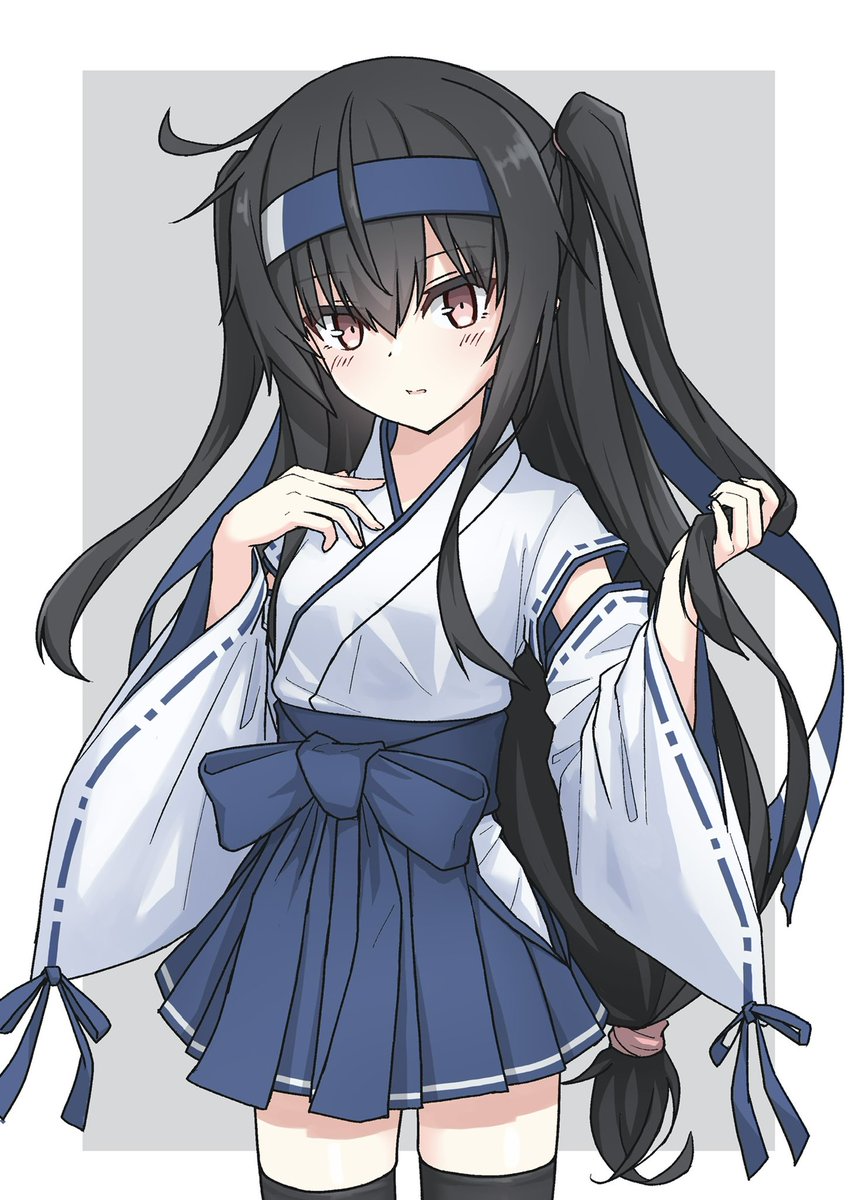 hatsushimo (kancolle) 1girl long hair black hair one eye closed headband ? simple background  illustration images