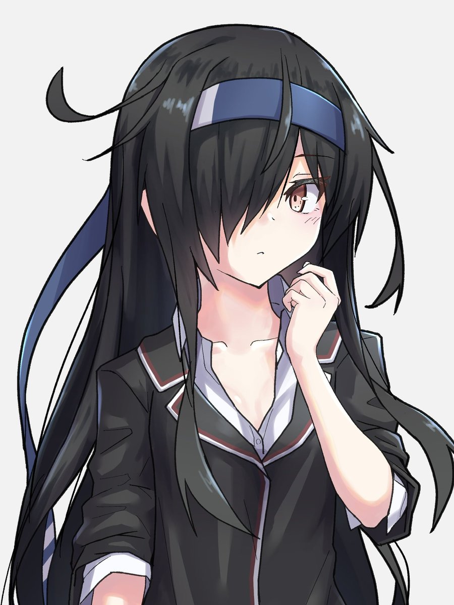 hatsushimo (kancolle) 1girl long hair black hair one eye closed headband ? simple background  illustration images