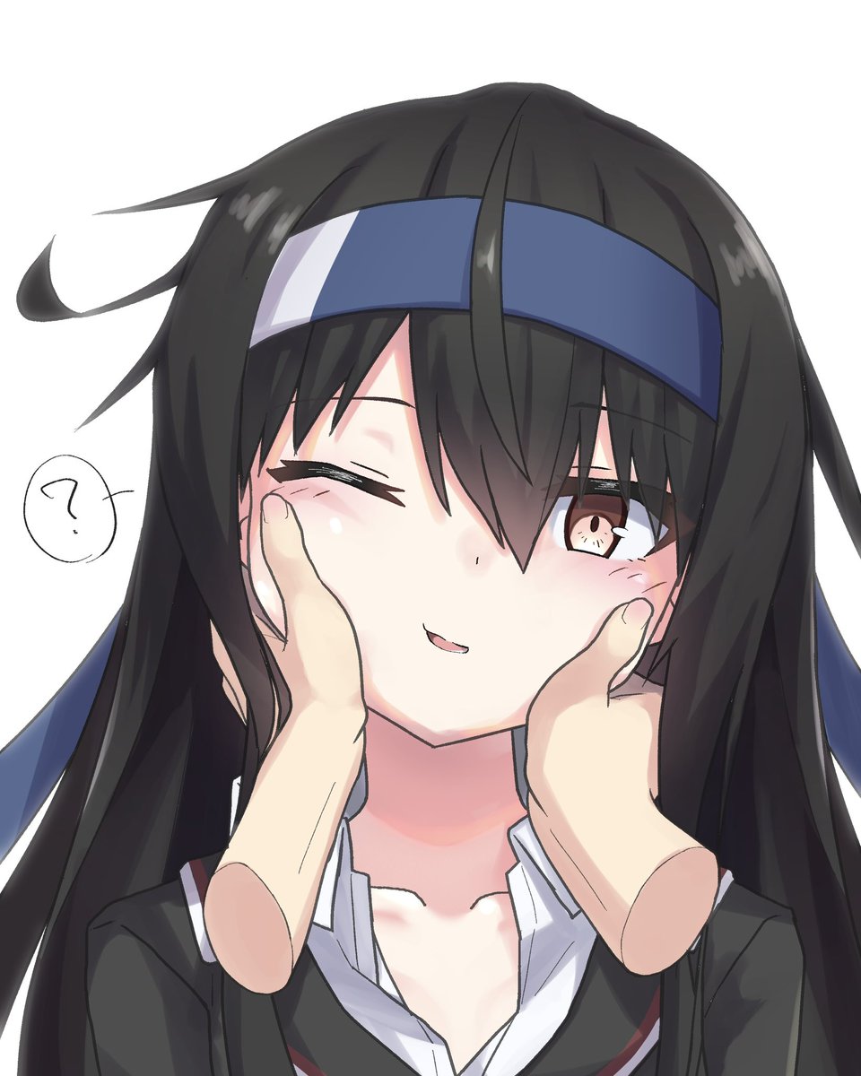 hatsushimo (kancolle) 1girl long hair black hair one eye closed headband ? simple background  illustration images