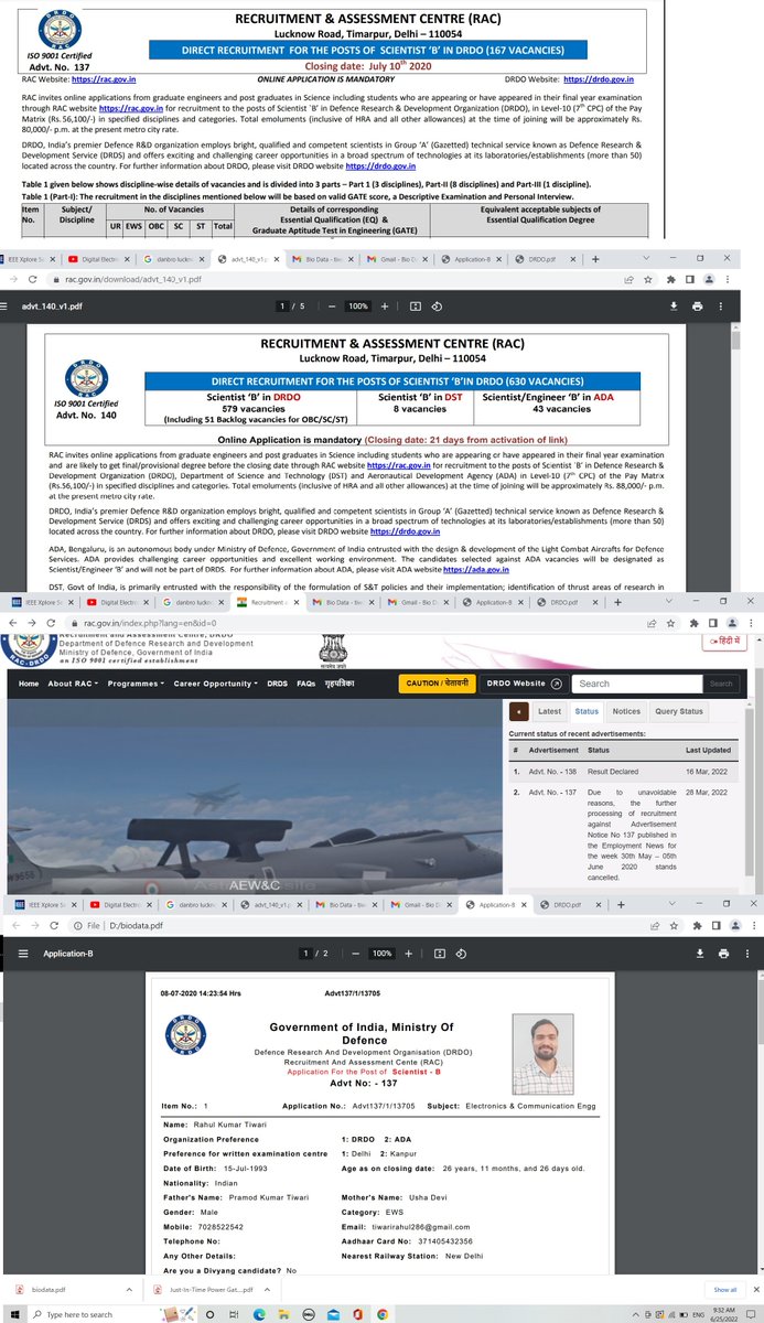 Tiwarirahul286's tweet photo. @rajnathsingh @narendramodi @PMOIndia 
Respected sir, I want your attension towards DRDO SC-B 2022 Rect. DRDO Adv in 2020 for SC-B and cancelled it in Mar 22 and Adv in Jun 22 for SC -B due to which eligible candidate in 2020 became ineligible in 22 due over age. Please help us. https://t.co/8EPlFkx0aV