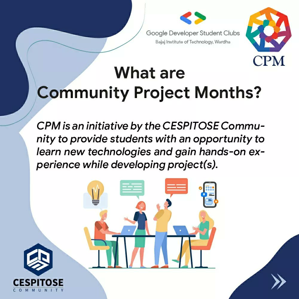 GDSCBITW's tweet photo. GDSC BITW in collaboration with CESPITOSE presents Community Project Months (CPM)  🤹🏼‍♂️ 🤹🏼‍♀️

You have an opportunity to join CPM and work on projects with mentors.

What are Community Project Months? 🗓️ https://t.co/yGsprV7ZST