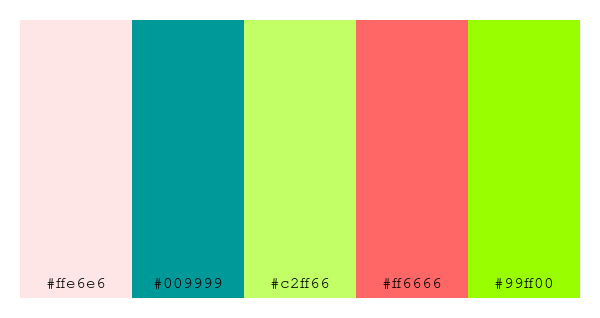 ColPaletteBot's tweet photo. Beep beep, here's a pretty color palette for you!
color-scheme.js parameters used:
- hue: 0
- variation: hard
- colors: #ffe6e6, #009999, #c2ff66, #ff6666, #99ff00
Have a lovely day!
#twitterbot #colorpalette #colors #palette #prettycolors https://t.co/wX5fhPVR2O