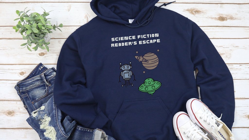 Make your escape on a space ship with this buttery soft hoodie. This classic streetwear piece of apparel with a convenient pouch pocket and warm hood for chilly evenings. 

 #bookmerch #booknerdmerch #Ofelvesandaliens #sciencefiction #scifi #reading #Hoodie