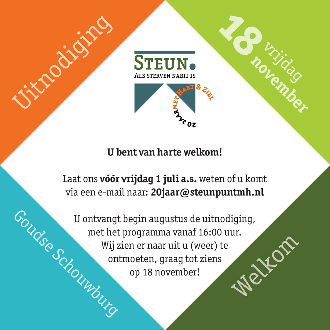 Op vrijdag 18 november 2022 vieren we dat we 20 jaar bestaan. We zijn op zoek naar oud vrijwilligers die dit jubileum met ons mee willen vieren. Laat ons voor 1 juli a.s. weten of je komt via een e-mail naar 20jaar@steunpuntmh.nl.
