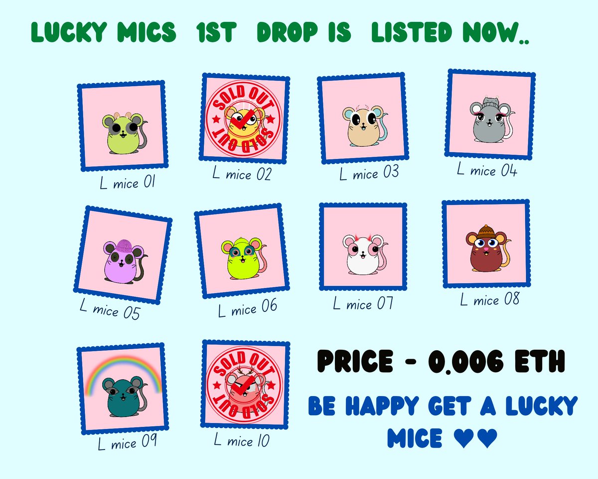 DhruvPanchasara's tweet photo. 😈Lucky Mice Collection Update (FIRST 24 HOURS ) 🔥🔥🔥

FIRST DROP 🔥
😈Sold: 02/10
😈Owners: 03
😈F.Price: 0.006 $Eth
😈Volume traded- 0.012 $Eth

🙂BE HAPPY GET A LUCKY MICE 🙂

📃https://t.co/yOe6tzHDuf

🙏Thank you #NFTCommunity 

#NFTartist #NFT #NFTs https://t.co/Hnz2z2rXO4