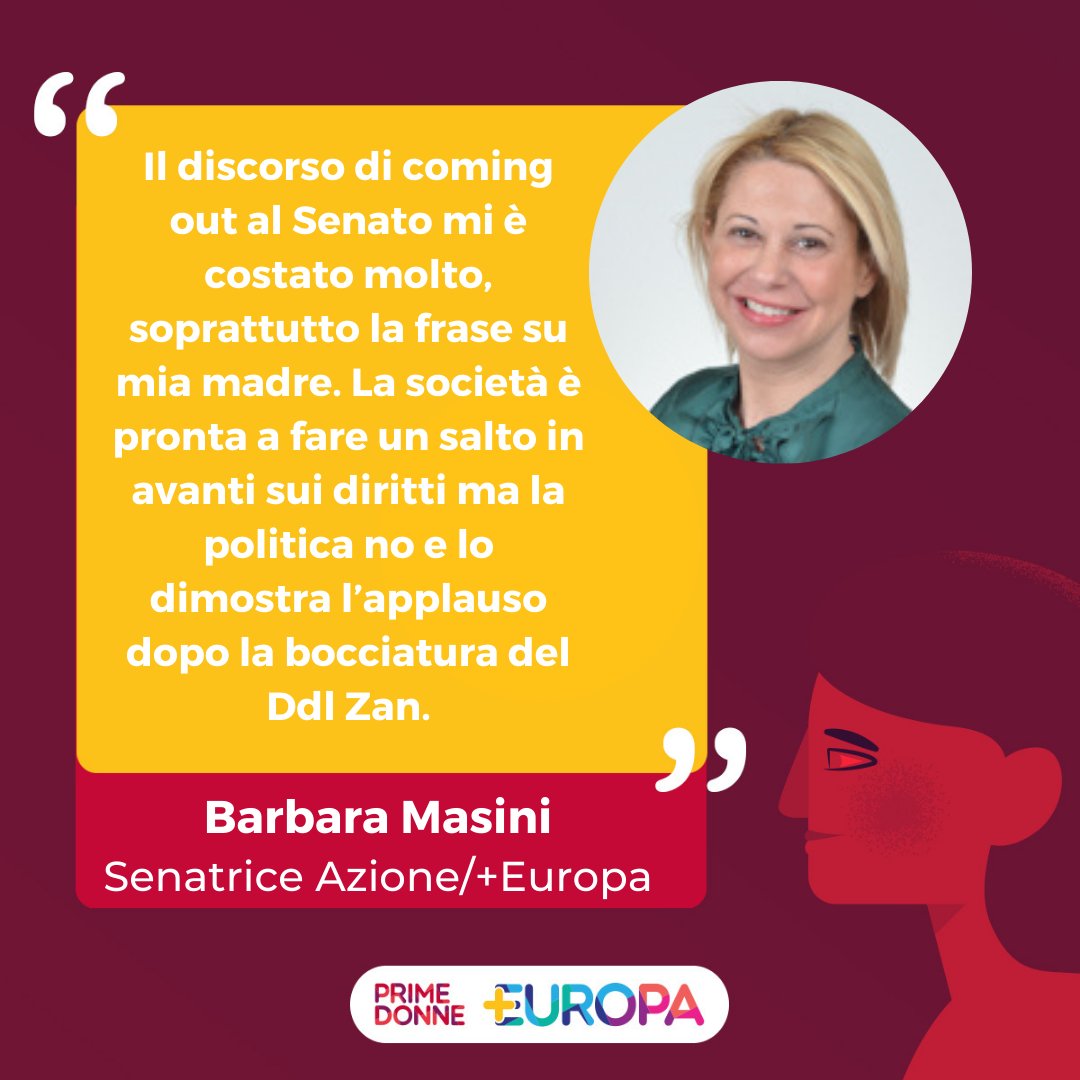 Il discorso di coming out al Senato mi è costato molto, soprattutto la frase su mia madre. La società è pronta a fare un salto in avanti sui diritti ma la politica no e lo dimostra l’applauso dopo la bocciatura del Ddl Zan.
<a href="/BarbaraMasini_/">Barbara Masini</a> 
#PrimeDonne #PiùEuropa