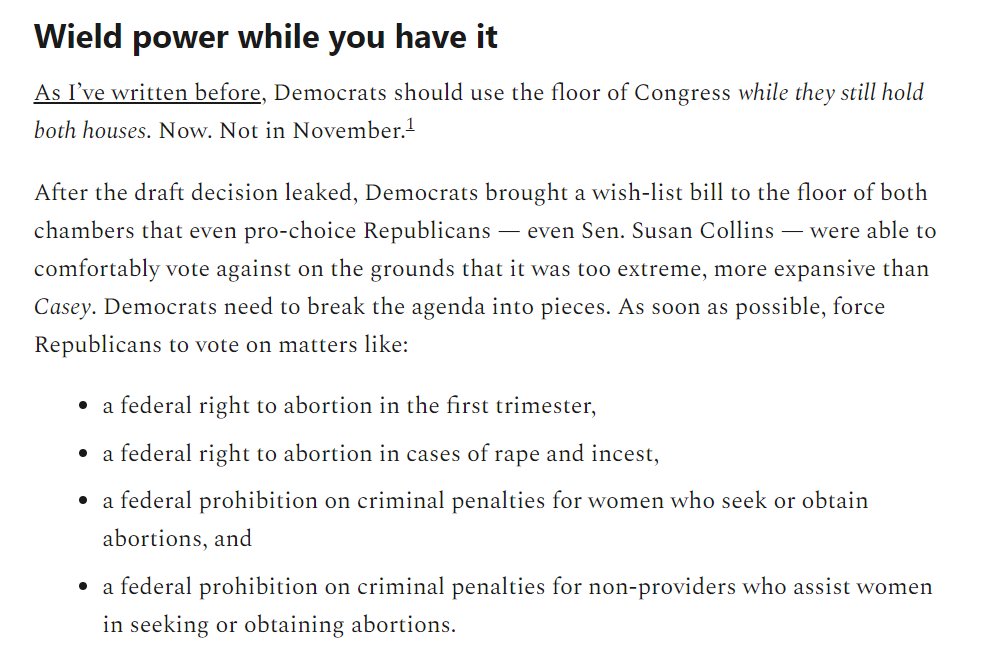 This from <a href="/jbarro/">Josh Barro</a> seems extremely correct. Make republicans vote on this, make them publicly declare their intensely unpopular positions, one at a time.

joshbarro.com/p/republicans-…