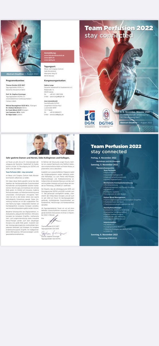 Herzmedizin ist Teamwork!

Vom 4-6. November findet die 51. Internationale Jahrestagung der Deutschen Gesellschaft für Kardio- technik und die 14. Fokustagung von DGTHG und DGfK unter dem Motto
Team Perfusion 2022 – stay connected in Münster statt!