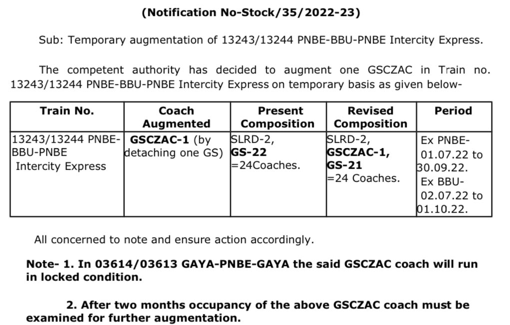 On Public requests, Patna Bhabhua intercity 13243/13244 gets an air conditioned chair car from 1st july 2022 for 3 months. Now, if the ticket sale of this period certifies the demand by matching occupancy, ac chair car in this popular train is here to stay. 😊👍