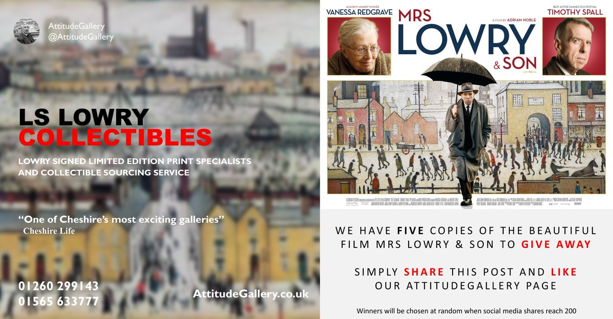 🥳 We have FIVE copies of the beautiful film Mrs Lowry &amp; Son to give away. Simply SHARE this post and follow us for the chance to WIN🥳

#LSLowry #Lowry #BritishArt #ModernArt #Competition #Giveaway #AttitudeGallery #ArtGallery #Congleton #Cheshire UK entries only 