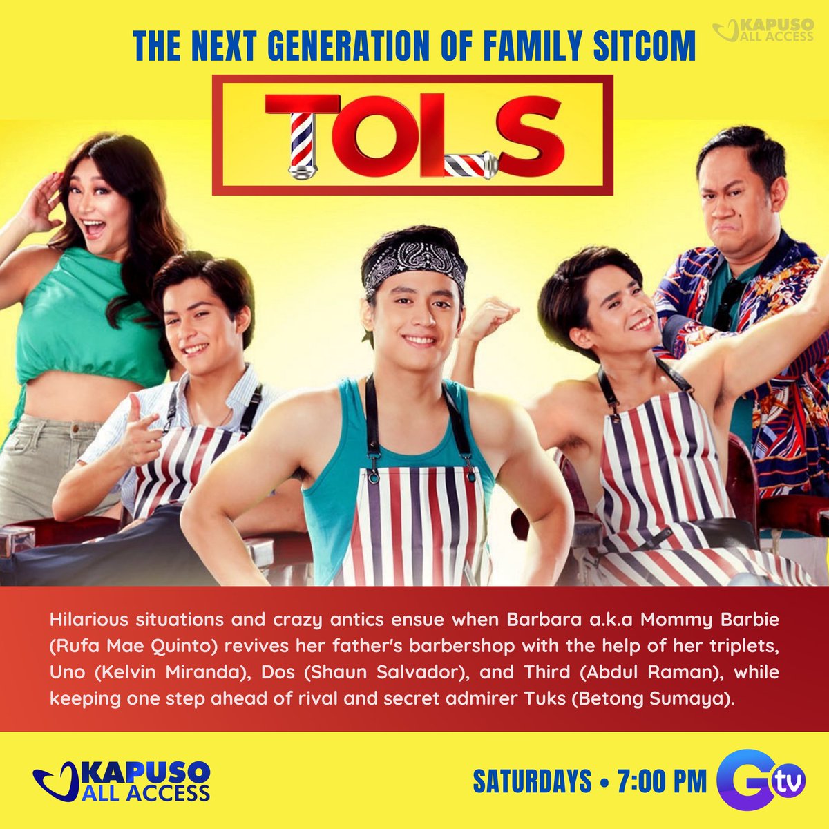 GMA’s second free-to-air channel GTV launches its first family sitcom “TOLS,” bringing good vibes and life lessons to Kapuso viewers.

Starring: Rufa Mae Quinto, Kelvin Miranda, Shaun Salvador, Abdul Raman, and Betong Sumaya.

Directed by: @Monti_Parungao

#TOLS | Saturdays, 7PM