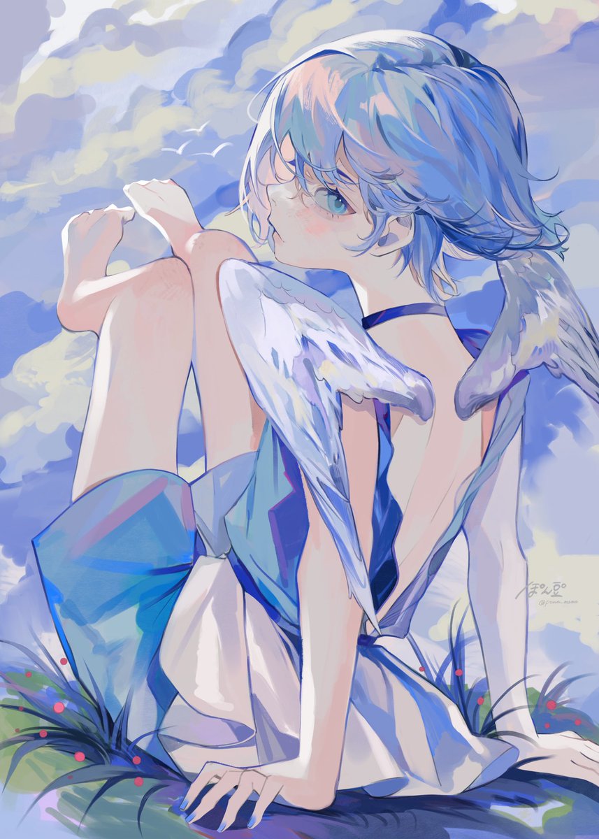 wings cloud solo blue eyes barefoot short hair looking at viewer  illustration images