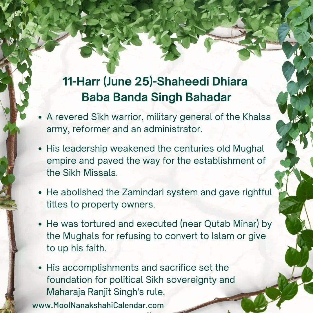 ੧੧ ਹਾੜ (June 25)- Today is the martyrdom day of Baba Banda Singh Bahadar

A revered Sikh warrior, military general of the #Khalsa army, reformer and an administrator.

Credit: #moolnanakshahi