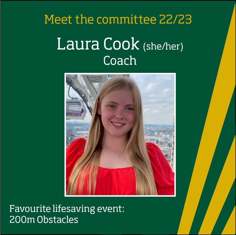 Laura is our club Coach for 2022/23! 

We’re really looking forward to Laura’s training sessions improving our lifesaving skills and speed!

💚💛💚💛

#weareuon #greenandgold #lifesaving #committee #coach 
<a href="/UoNSport/">University of Nottingham Sport</a> <a href="/BULSCA/">BULSCA</a>