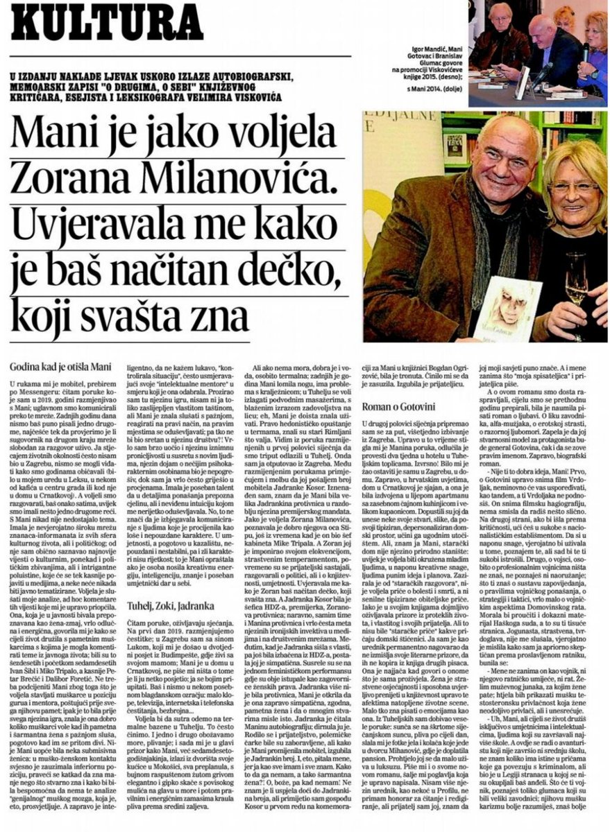 ViskovicVelimir's tweet photo. Današnji Jutarnji objavio je na duplerici izvode iz moje nove knjige "O drugima, o sebi". Odlučili su se za dio zapisa o Mani Gotovac. 
Za naslov i opremu članka ne snosim osobnu odgovornost! Ali drago mi je da se o knjizi piše :) https://t.co/Rs7roJYxm7