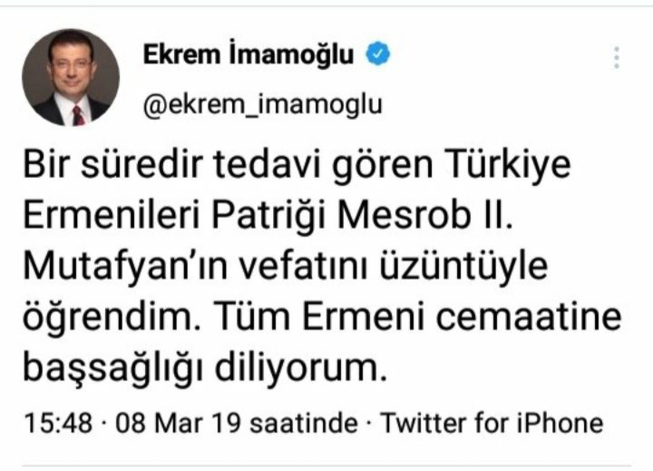Seçim zamanı camilerde yatıp kalkan İmamoğlu, Ermeni Patriği ölunce şekilden şekile girdi, #MahmudEfendiHazretleri'ne ise taziye mesajı yayınlamaktan korktu. Umurumuzda mı? Tabi ki değil! Dostu düşmanı tanıyın diye paylaşıyorum.