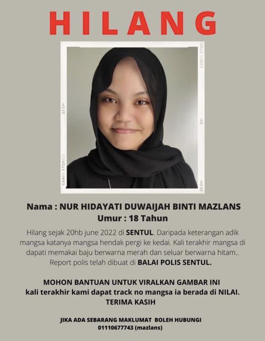 BernamaTV's tweet image. Polis menerima laporan kehilangan remaja perempuan dikenali sebagai Nur Hidayati Duwaijah Mazlan berusia 17 tahun di Sentul, yang hilang sejak 20 Jun lepas.