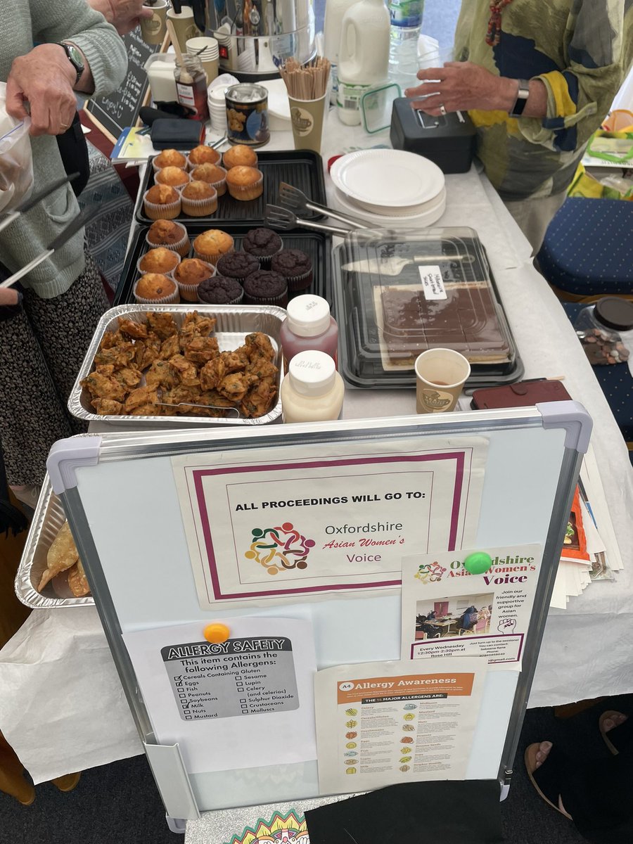 Samosas, bhajis, and muffins on sale with all proceeds going to Oxfordshire Asian Women’s Voice at the all-day Bazaar at Magdalen College School!