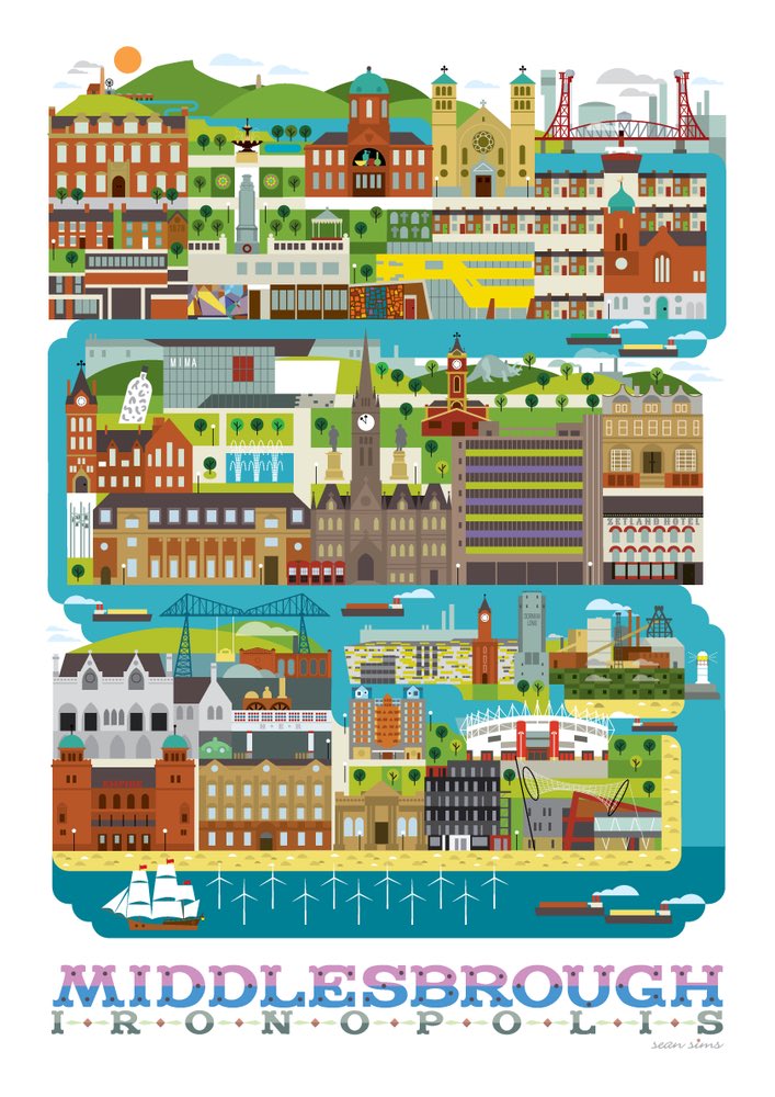 centre_right_'s tweet photo. Artistic #Middlesbrough 

Middlesbrough #Ironopolis by locally-born artist Sean Sims 

So many great local landmarks to spot in this amazing graphic https://t.co/LTnRzmac6I