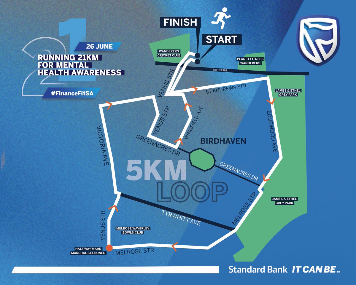 Joining us on Sunday for our 21km run for #MentalHealthAwareness?​
NB details:​
📌 Wanderers Cricket Club, 47 North St, Illovo, JHB​
⏲ Registration: 7am ​
8:30 – 9:20am: 1st leg (5km) ​
9:30 – 10:20am: 2nd leg (5km) ​
10:30 – 11:20am: 3rd leg (5kms)​
11:30 – 12:20: 4th leg (5km)