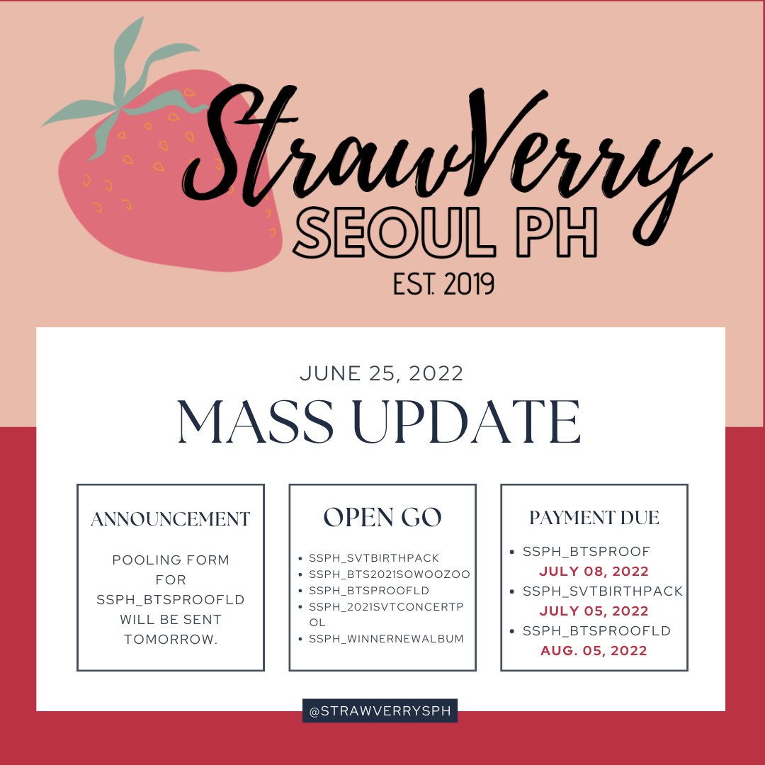 StrawVerrySPH's tweet photo. MASS UPDATE as of JUNE 25, 2022

Please read carefully below ✨

Thank you for your patience and understanding 🤗💜

Don't hesitate to DM us if you have any concerns/questions.

#StrawVerryUpdates 🍓 https://t.co/OXJpcNyISi