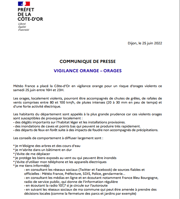 MétéoFrance a placé la Côte-d’Or en vigilance orange, ce samedi entre 16h et 23h, pour un risque d’#orages violents qui pourront être accompagnés de grêle, de rafales de vents comprises entre 80 et 100 km/h, de pluies intenses et d'une forte activité électrique. Soyez prudents⤵️
