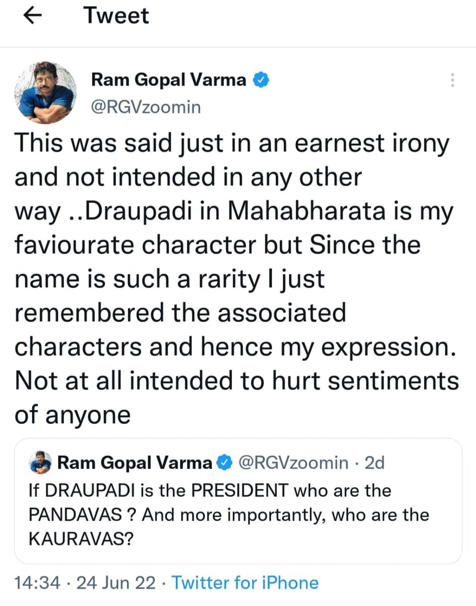 irasisacharya's tweet photo. A cheap person like @RGVzoomin can never understand the dignity, purity n serinity of a woman. His statement is a clear reflection of his character. It's n insult not only to the highest office in our democracy @rashtrapatibhvn but also to the tribal communities n women of India. https://t.co/iCQx6bnuMt