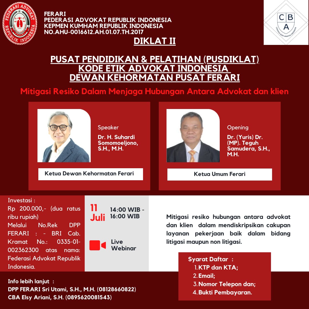 SuhardiS's tweet photo. Pendalaman Kode Etik Advokat Indonesia dalam Implementasinya terkait dengan hubungan antara Advokat dan Client dalam rangka mitigasi resiko, semoga bermanfaat. https://t.co/em6YiWhNrB