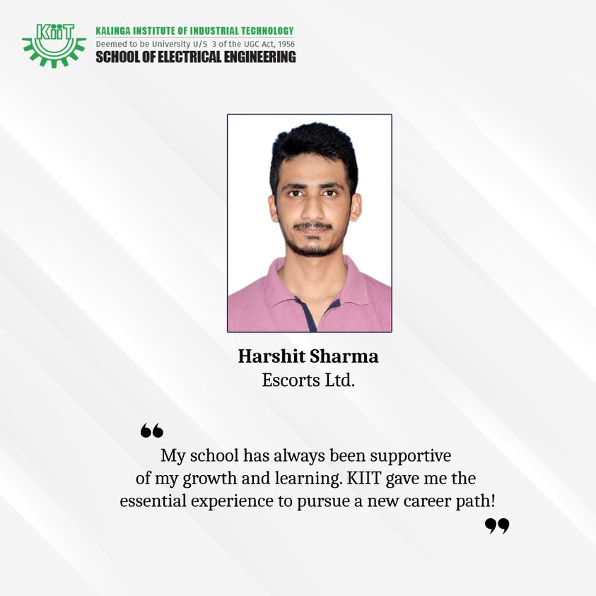 KiitSoee's tweet photo. "Grateful for the faculty's unwavering assistance. The idea of mentoring is extremely beneficial for reaching one's goals," Alumnus Harshit Sharma talks about his time at the KIIT School of Electrical Engineering. 
#electricalkiit 
#kiituniversity https://t.co/MXIyvenNwR