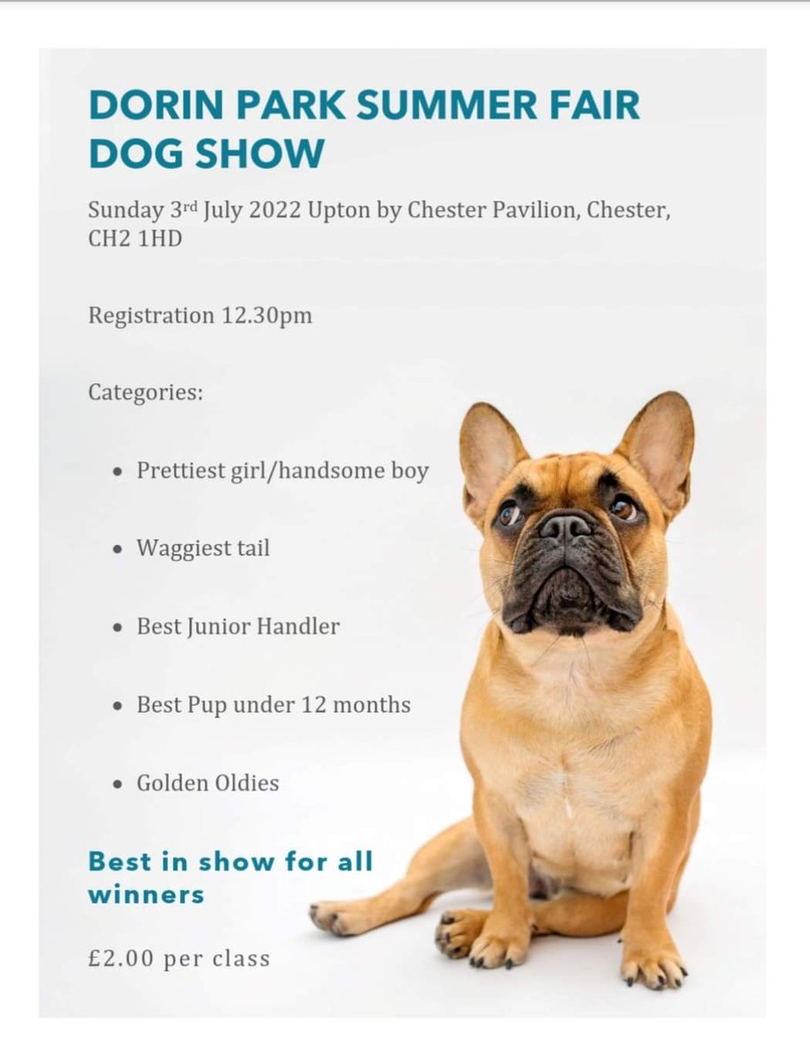 All welcome to come to our Summer Fair and Dog Show on Sunday 3rd July at 12.00 at The Pavillion, Upton, Chester CH2 1HD Rosettes for all placed amazing prizes and goody bags for all entries. Boohoo sale, mascots, children amusements and much more!