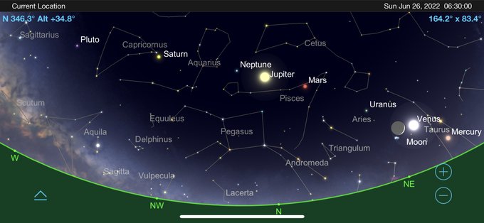 Screenshot from the "Sky Safari" phone app showing the night sky at 6:30am from Melbourne. All planets are visible amongst the constellations.