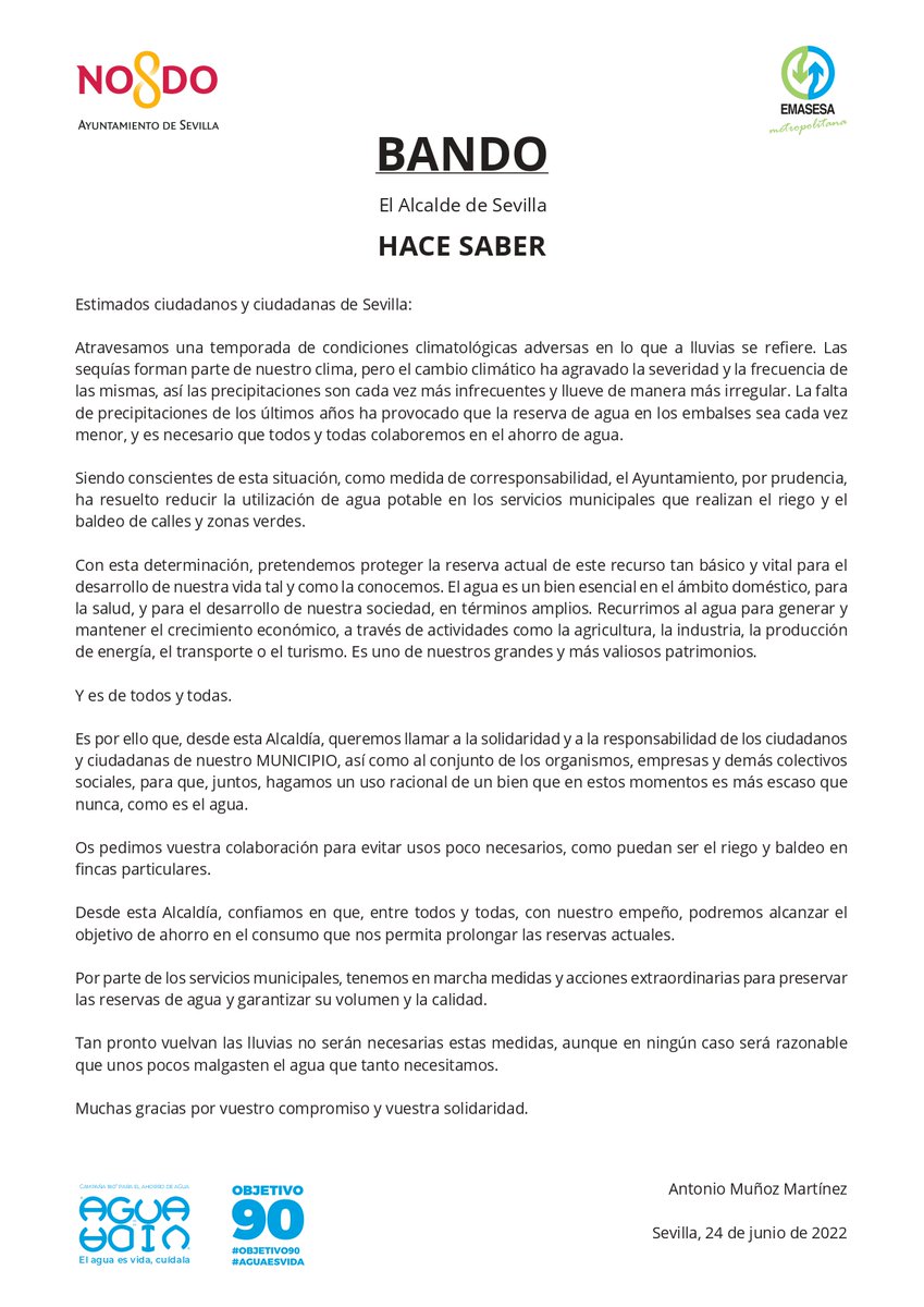 Ayto_Sevilla's tweet photo. #BandoMunicipal 🔵 La falta de lluvia ha obligado a declarar la prealerta por #sequía en #Sevilla. Es necesario el compromiso de todos y todas para ahorrar agua, haciendo un uso responsable y solidario de las reservas. En este bando, el alcalde pide la colaboración ciudadana. https://t.co/sSgIMGWeB2