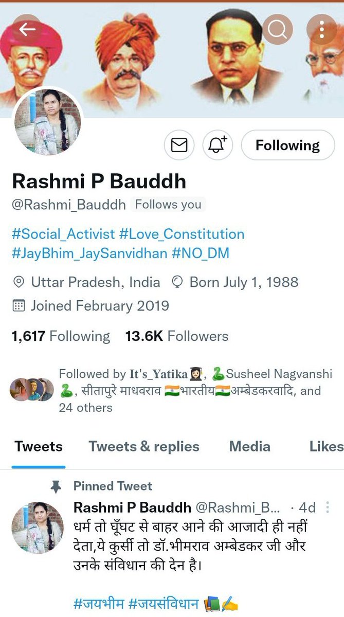 @Rashmi_Bauddh जी आपका बहुत बहुत धन्यवाद एवं आभार 🙏 हमें #Follow_Back देने के लिए
#jai_bhim🙏 💙💙