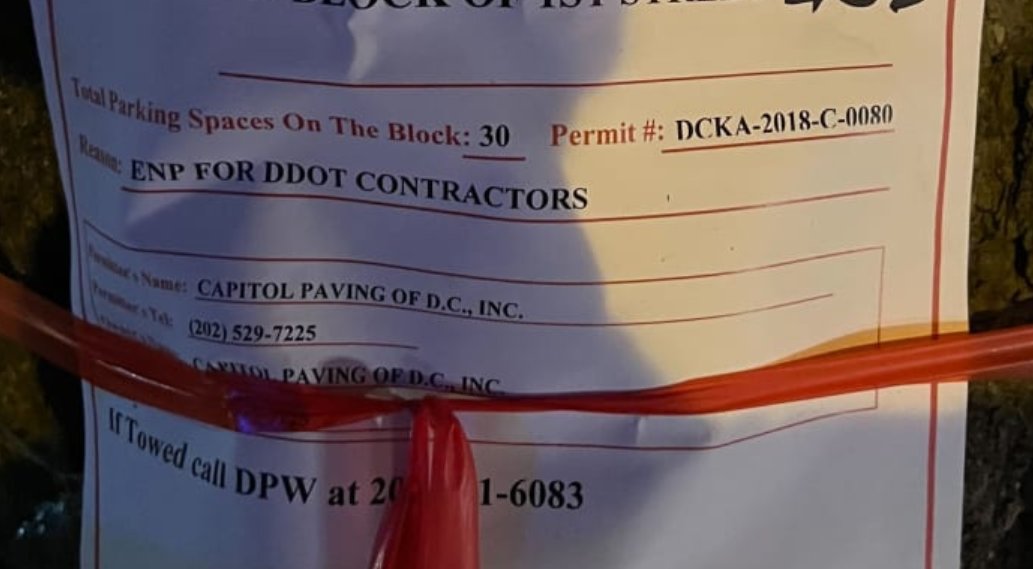 _JustMeABC_'s tweet photo. @ittthingswelove @Kodachromist @RepBoebert @CapitolPolice According to the sign right next to the pallet, permit #DCKA-2018-C-0080 for DDOT contractors, if you'd like to inquire. https://t.co/vsI9o3tF8f
