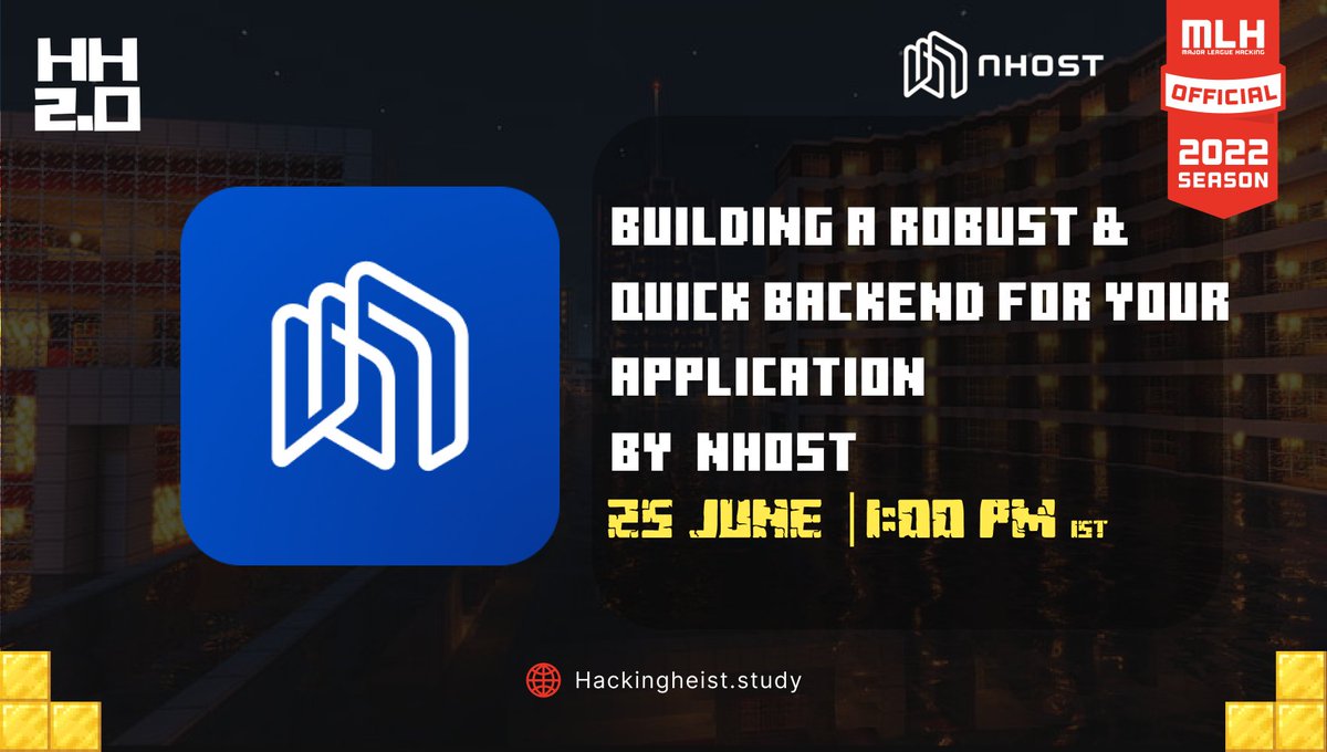hackingheist's tweet photo. Join #hackingheist TODAY AT 1:00 PM IST for a session on "Building a Robust & Quick backend for your Application" by @nhost ๐
๐Live at: https://t.co/UluozZGrYh
๐Register: https://t.co/apF8m3dm1J
#hackathon https://t.co/j5fDhsACnR https://t.co/hwxUUdp2l4