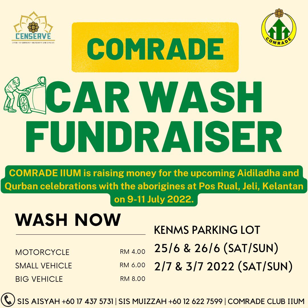 COME WASH YOUR CAR WITH US! 

COMRADE is raising money for the upcoming Qurban and Raya Haji celebration, in Kelantan soon. Do come and support our campaign😍 100% of the profits will be channeled to the welfare of Orang Kampung💗