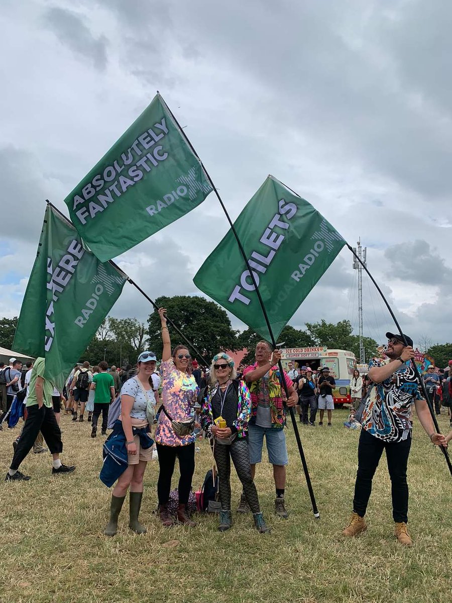 CherylDonnor's tweet photo. @ChrisMoyles @RadioX @Pipskin @JamesRobinson #radioxflags My daughter in law is at glasto and i asked her to get a picture with as many flags as possible! 3 in one go ! :) https://t.co/KV25ac7quQ