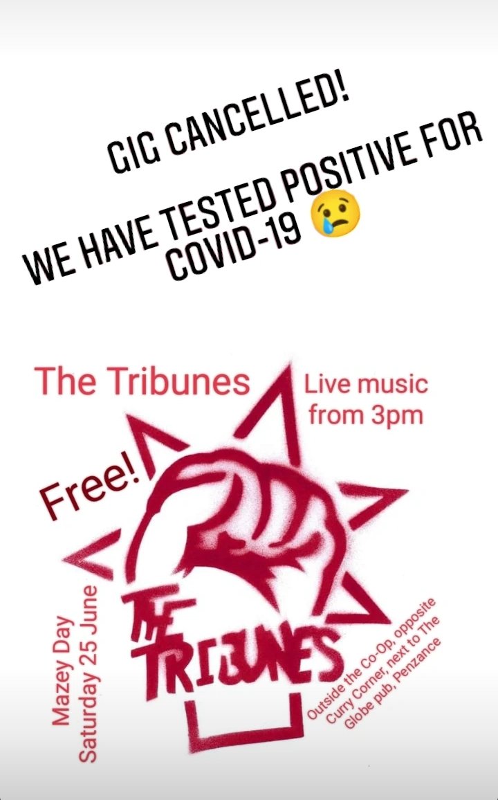 TheTribunes's tweet photo. Unfortunately Alana and Kate have this morning tested positive for #COVID19, so with a heavy heart we have taken the decision to cancel our gig outside the Co-Op. Apologies to anyone that was coming to see us. https://t.co/wPgfisBPbv