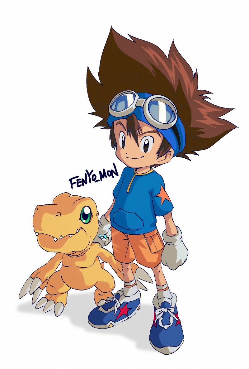 digimon (creature) goggles brown hair goggles on head gloves 1boy smile  illustration images
