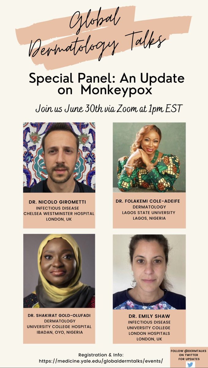 drmontynesss's tweet photo. So excited for this extra virtual seminar on #monkeypox with our expert global panelists. Free for all to attend via Zoom! Register here https://t.co/lvhGbMXBSb
#dermtwitter #idtwitter #stitwitter 
Thursday 30th June 6pm U.K. &amp; Nigeria time/ 1pm EST https://t.co/39fr1OqO13