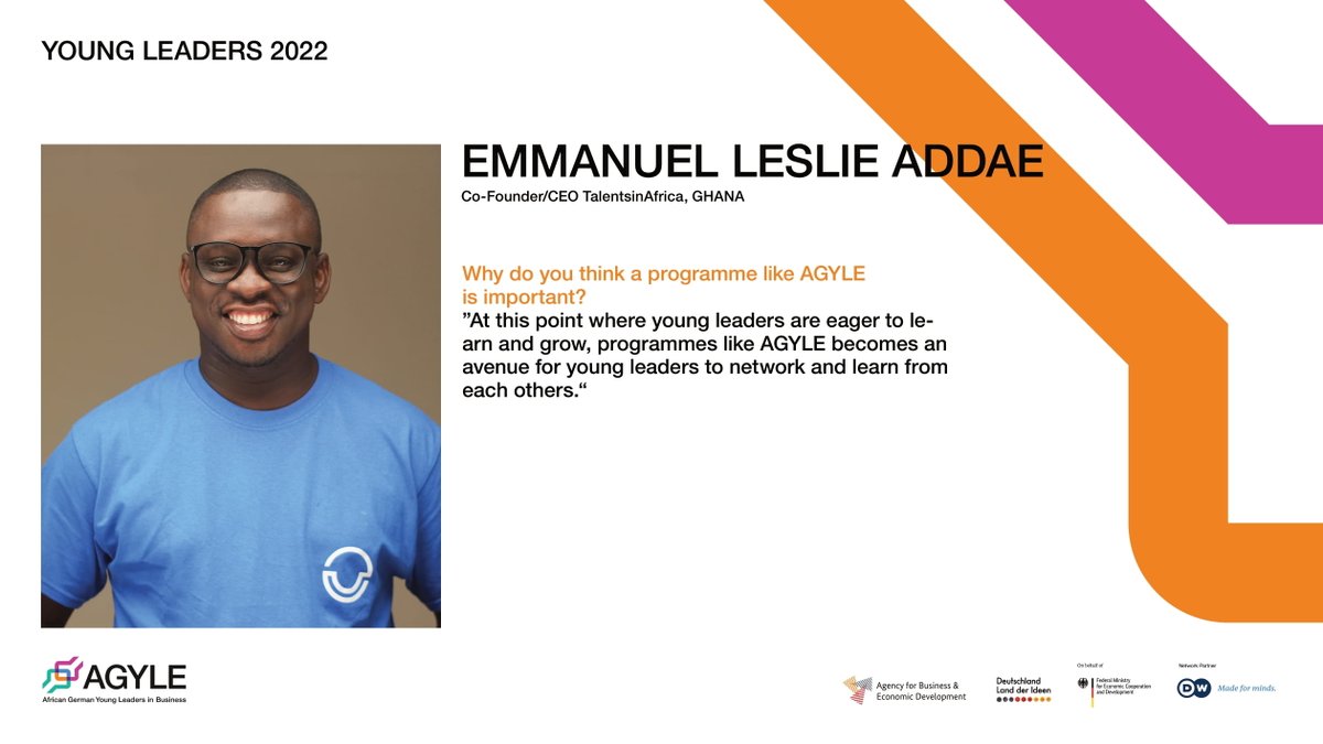 TalentsinAfrica's tweet photo. Congratulations to our Co-Founder/CEO Emmanuel Leslie Addae for being selected as one of the Africa German Young Leaders in Business 2022.  Keep soaring Leslie! 

You are such an amazing person, a great leader and a mentor.  We are all looking up to you!

#Addae #Mentor #leader https://t.co/HBVqaikXwL
